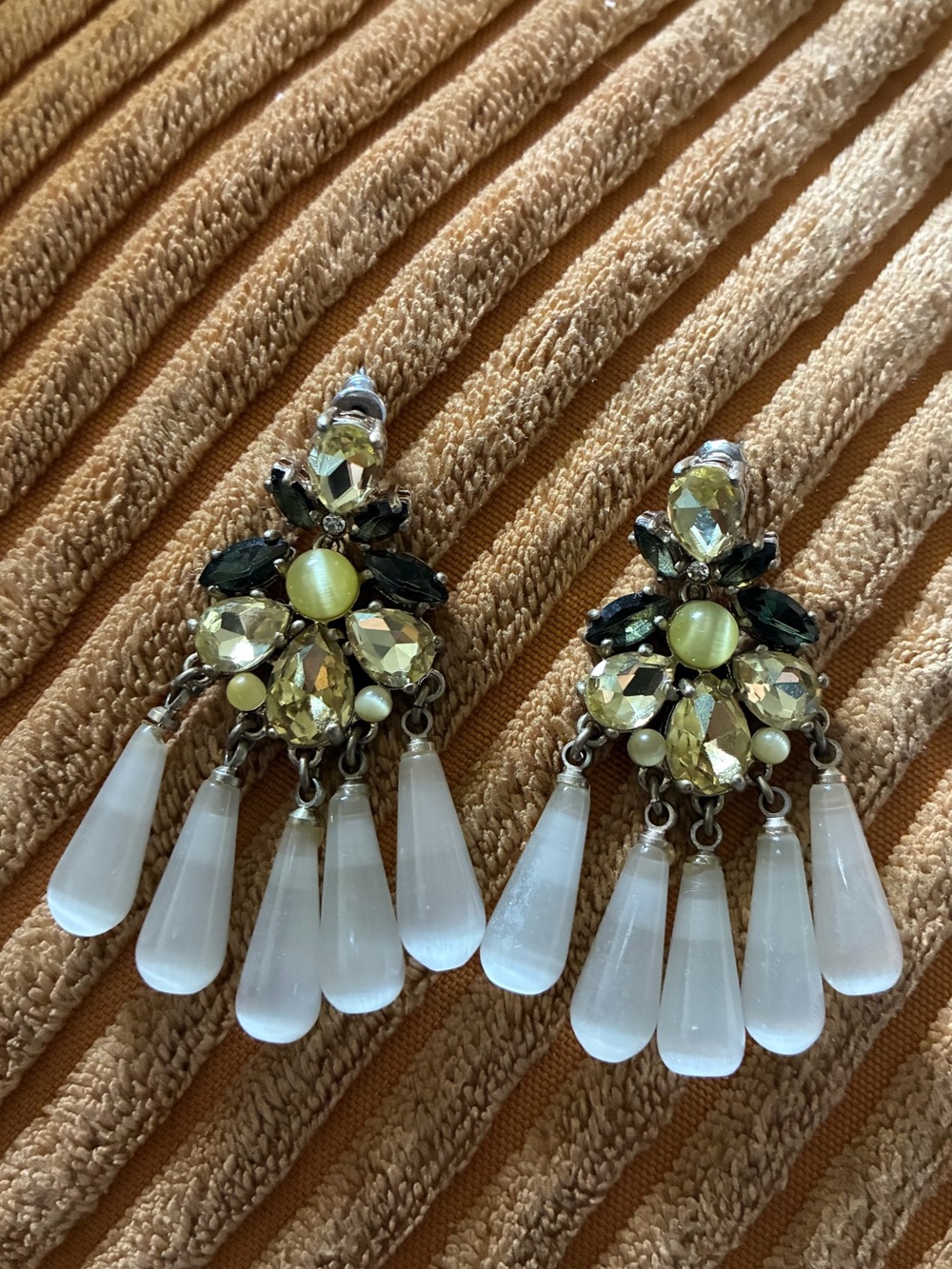 Vintage-Inspired Yellow Crystal and White Drop Chandelier Earrings